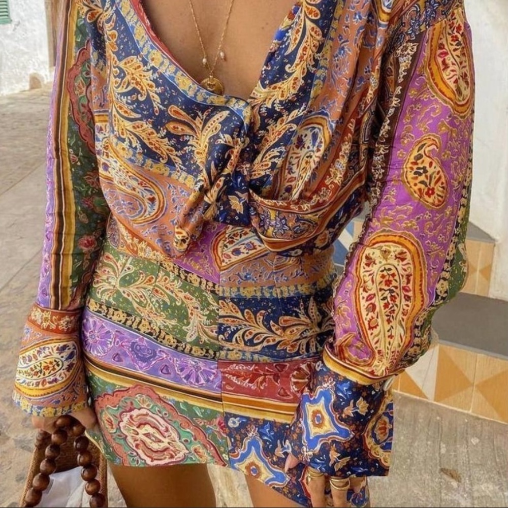 Zara Multicolor Paisley Mini Skirt — Navy, Purple, Green, Orange